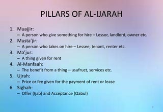 PILLARS OF AL-IJARAH
1. Muajjir:
– A person who give something for hire – Lessor, landlord, owner etc.
2. Musta’jir:
– A person who takes on hire – Lessee, tenant, renter etc.
3. Ma’jur:
– A thing given for rent
4. Al-Manfaah:
– The benefit from a thing – usufruct, services etc.
5. Ujrah:
– Price or fee given for the payment of rent or lease
6. Sighah:
– Offer (Ijab) and Acceptance (Qabul)
8
 
