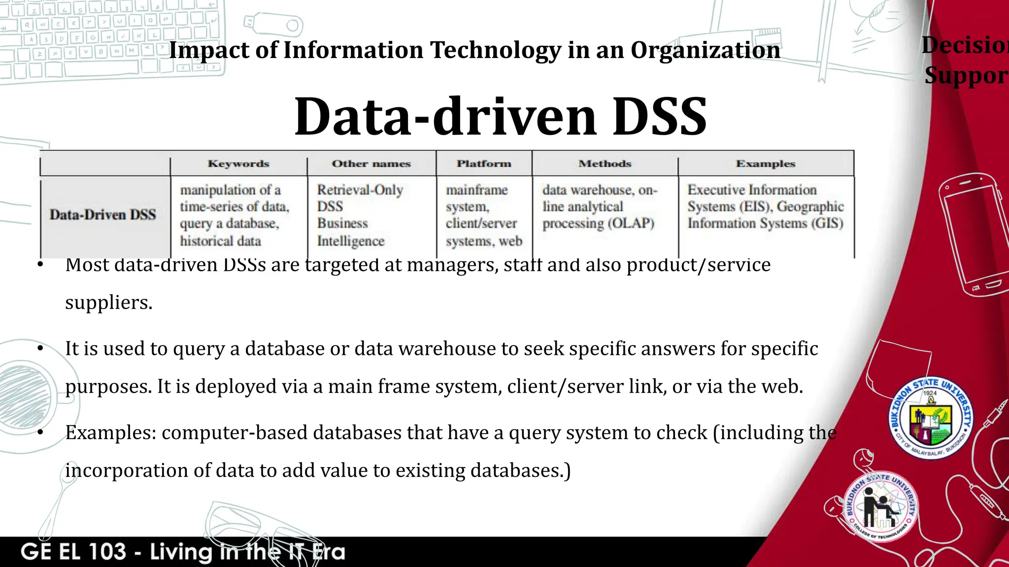 Data-driven DSS
Impact of Information Technology in an Organization
• Most data-driven DSSs are targeted at managers, staff and also product/service
suppliers.
• It is used to query a database or data warehouse to seek specific answers for specific
purposes. It is deployed via a main frame system, client/server link, or via the web.
• Examples: computer-based databases that have a query system to check (including the
incorporation of data to add value to existing databases.)
Decision
Support
 