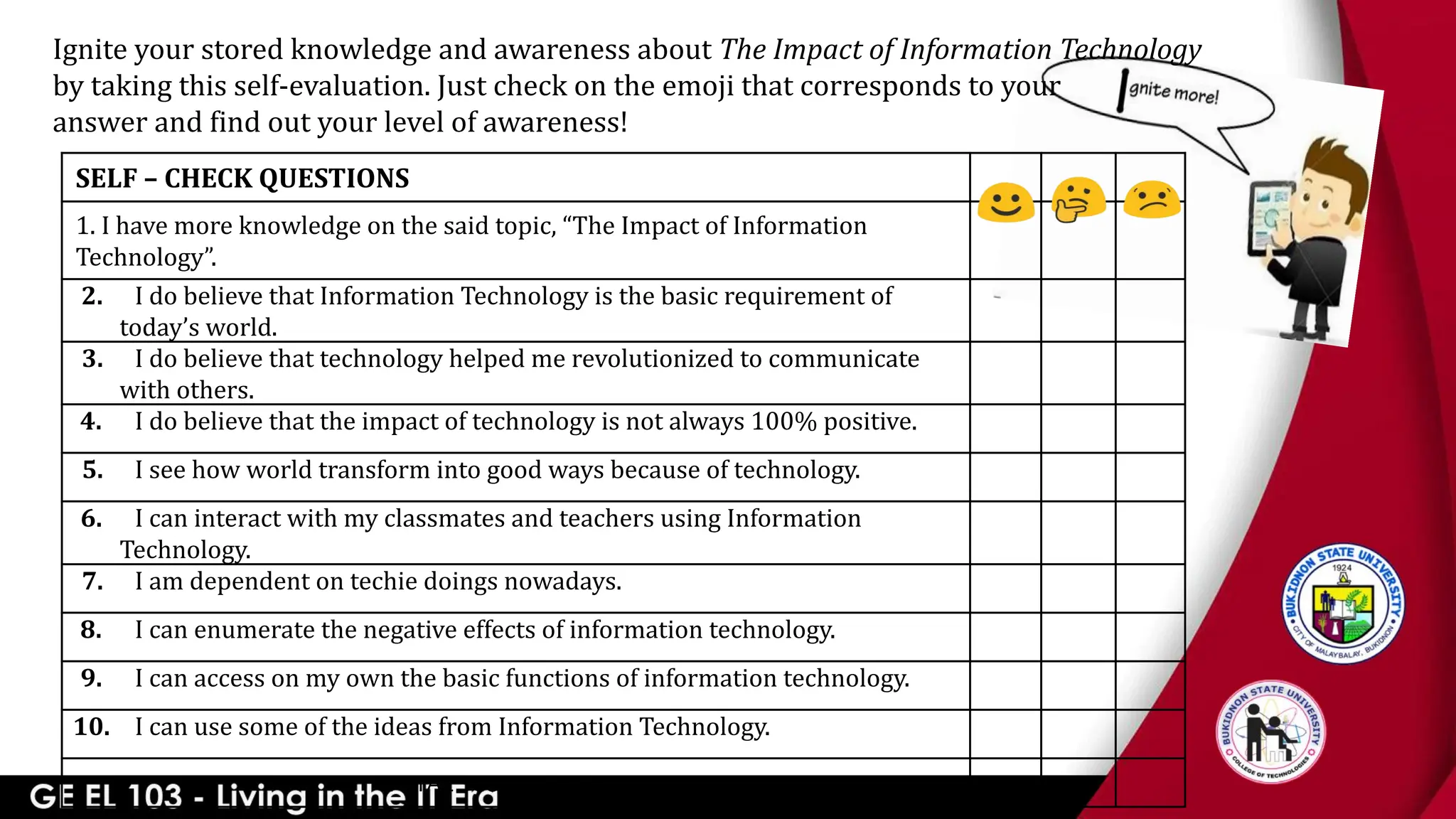 Ignite your stored knowledge and awareness about The Impact of Information Technology
by taking this self-evaluation. Just check on the emoji that corresponds to your
answer and find out your level of awareness!
SELF – CHECK QUESTIONS
1. I have more knowledge on the said topic, “The Impact of Information
Technology”.
2. I do believe that Information Technology is the basic requirement of
today’s world.
3. I do believe that technology helped me revolutionized to communicate
with others.
4. I do believe that the impact of technology is not always 100% positive.
5. I see how world transform into good ways because of technology.
6. I can interact with my classmates and teachers using Information
Technology.
7. I am dependent on techie doings nowadays.
8. I can enumerate the negative effects of information technology.
9. I can access on my own the basic functions of information technology.
10. I can use some of the ideas from Information Technology.
TOTAL SCORE PER EMOJI
 