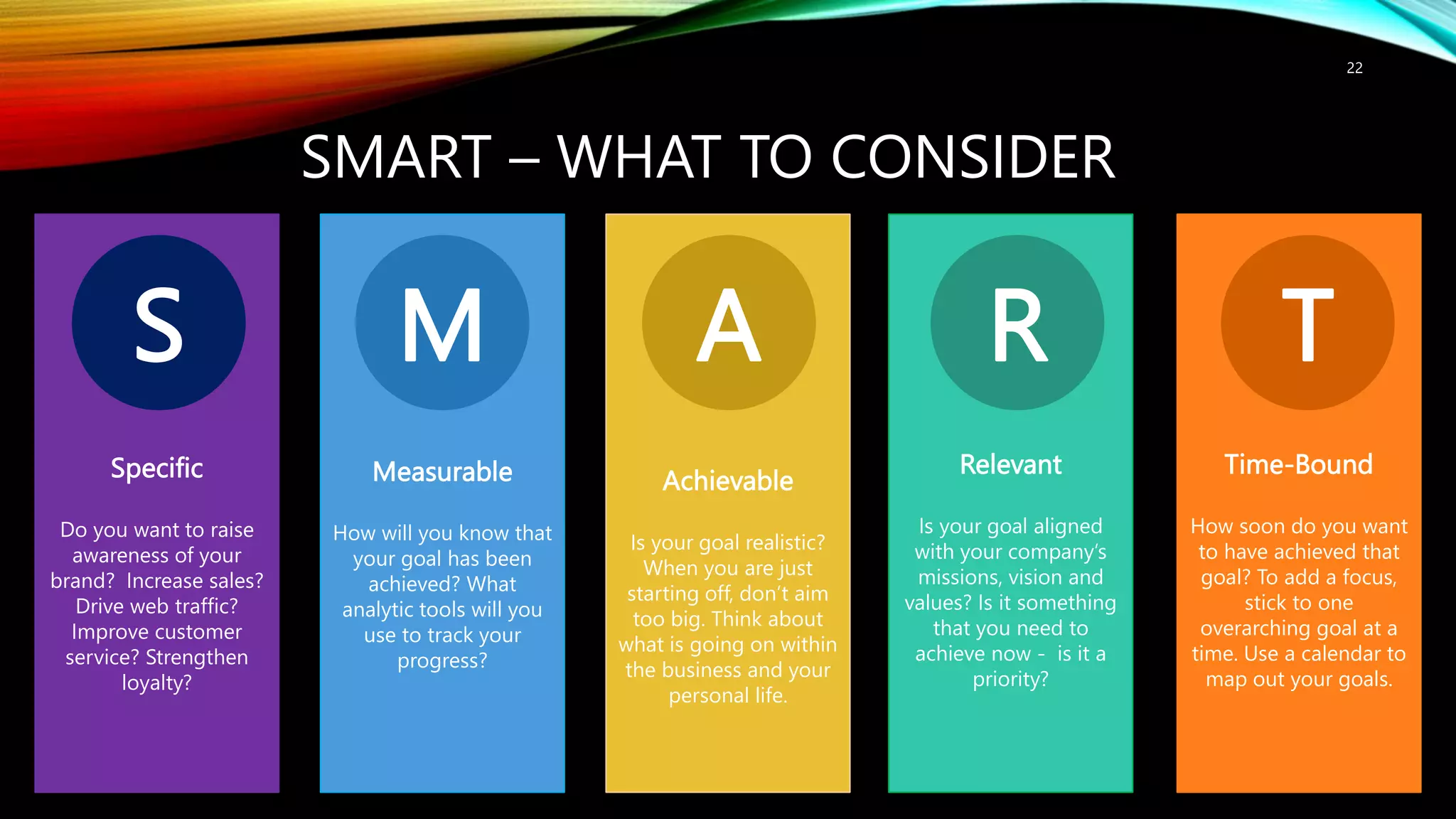 Measurable
How will you know that
your goal has been
achieved? What
analytic tools will you
use to track your
progress?
Specific
Do you want to raise
awareness of your
brand? Increase sales?
Drive web traffic?
Improve customer
service? Strengthen
loyalty?
Relevant
Is your goal aligned
with your company’s
missions, vision and
values? Is it something
that you need to
achieve now - is it a
priority?
Achievable
Is your goal realistic?
When you are just
starting off, don’t aim
too big. Think about
what is going on within
the business and your
personal life.
Time-Bound
How soon do you want
to have achieved that
goal? To add a focus,
stick to one
overarching goal at a
time. Use a calendar to
map out your goals.
S M A R T
22
SMART – WHAT TO CONSIDER
 