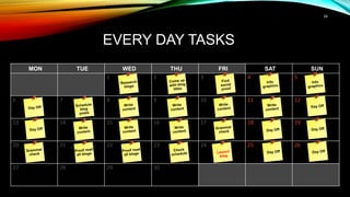 24
EVERY DAY TASKS
MON TUE WED THU FRI SAT SUN
1 2 3 4 5
6 7 8 9 10 11 12
13 14 15 16 17 18 19
20 21 22 23 24 25 26
27 28 29 30
 