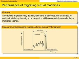 Processes: Code migration Migration in heterogeneous systems
Performance of migrating virtual machines
Problem
A complete migration may actually take tens of seconds. We also need to
realize that during the migration, a service will be completely unavailable for
multiple seconds.
Measurements regarding response times during VM migration
Time
Migration
Downtime
Response
time
47 /47
 