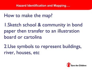 Hazard Identification and Mapping….
How to make the map?
1.Sketch school & community in bond
paper then transfer to an illustration
board or cartolina
2.Use symbols to represent buildings,
river, houses, etc
 