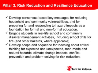 Pillar 3. Risk Reduction and Resilience Education
 Develop consensus-based key messages for reducing
household and community vulnerabilities, and for
preparing for and responding to hazard impacts as a
foundation for formal and non-formal education.
 Engage students in real-life school and community
disaster management activities, including school drills for
fire (and other hazards, where applicable).
 Develop scope and sequence for teaching about critical
thinking for expected and unexpected, man-made and
natural hazards, climate change impacts, conflict-
prevention and problem-solving for risk reduction.
 
