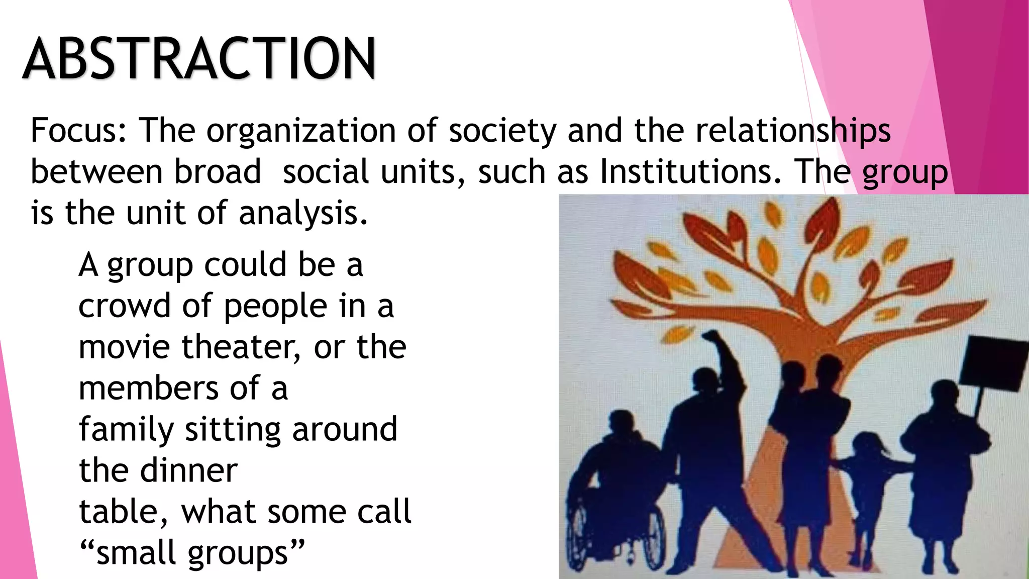 ABSTRACTION
Focus: The organization of society and the relationships
between broad social units, such as Institutions. The group
is the unit of analysis.
A group could be a
crowd of people in a
movie theater, or the
members of a
family sitting around
the dinner
table, what some call
“small groups”
 