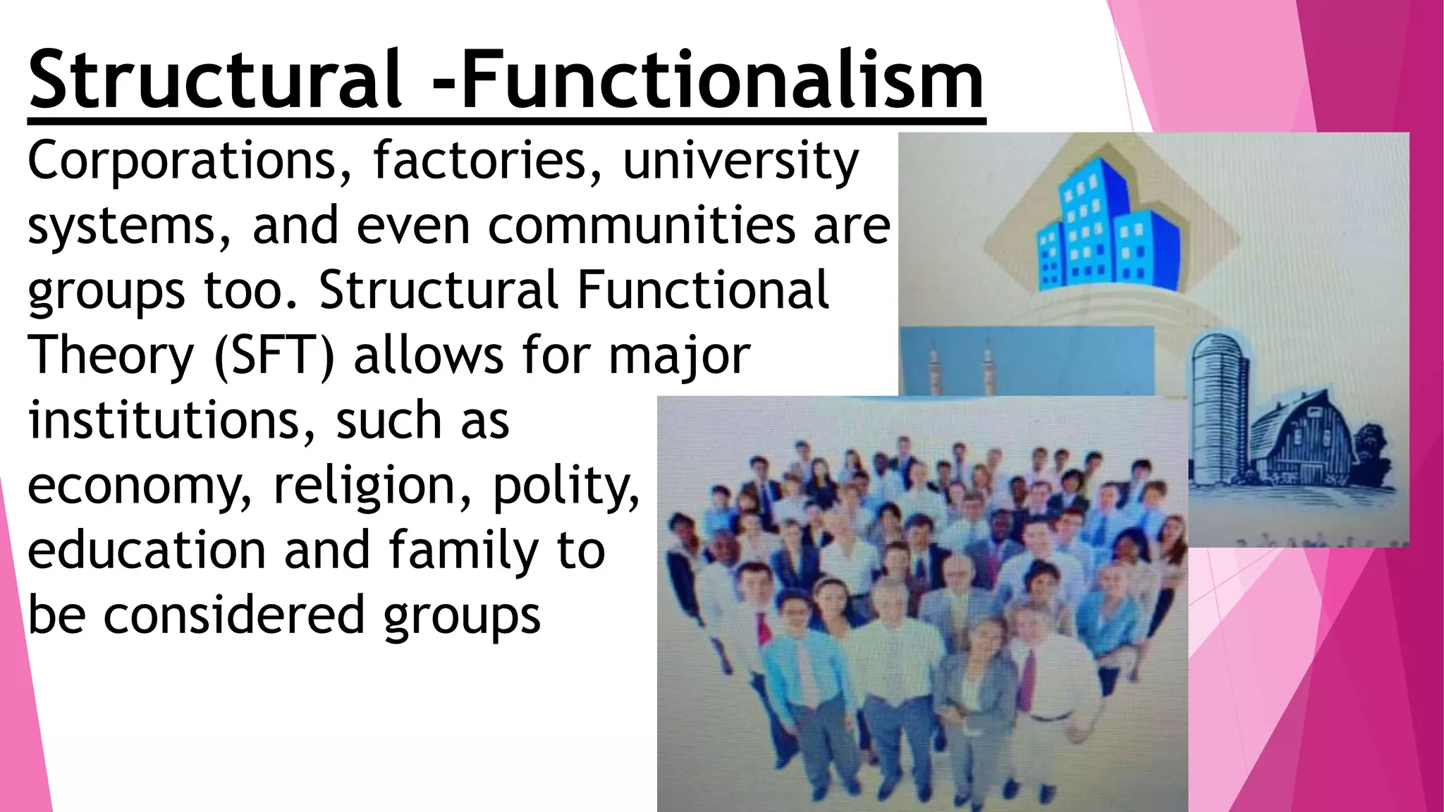 Structural -Functionalism
Corporations, factories, university
systems, and even communities are
groups too. Structural Functional
Theory (SFT) allows for major
institutions, such as
economy, religion, polity,
education and family to
be considered groups
 