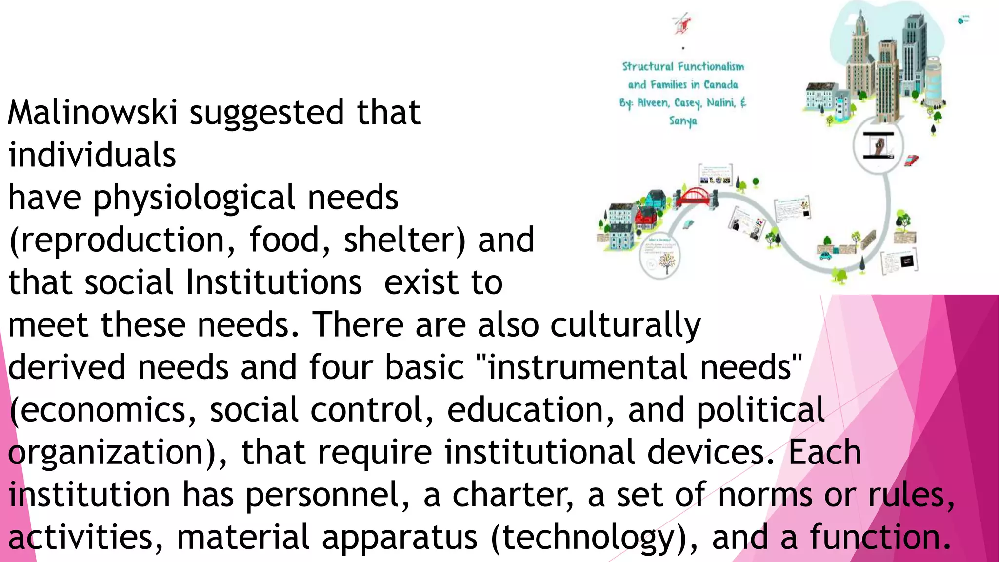 Malinowski suggested that
individuals
have physiological needs
(reproduction, food, shelter) and
that social Institutions exist to
meet these needs. There are also culturally
derived needs and four basic "instrumental needs"
(economics, social control, education, and political
organization), that require institutional devices. Each
institution has personnel, a charter, a set of norms or rules,
activities, material apparatus (technology), and a function.
 