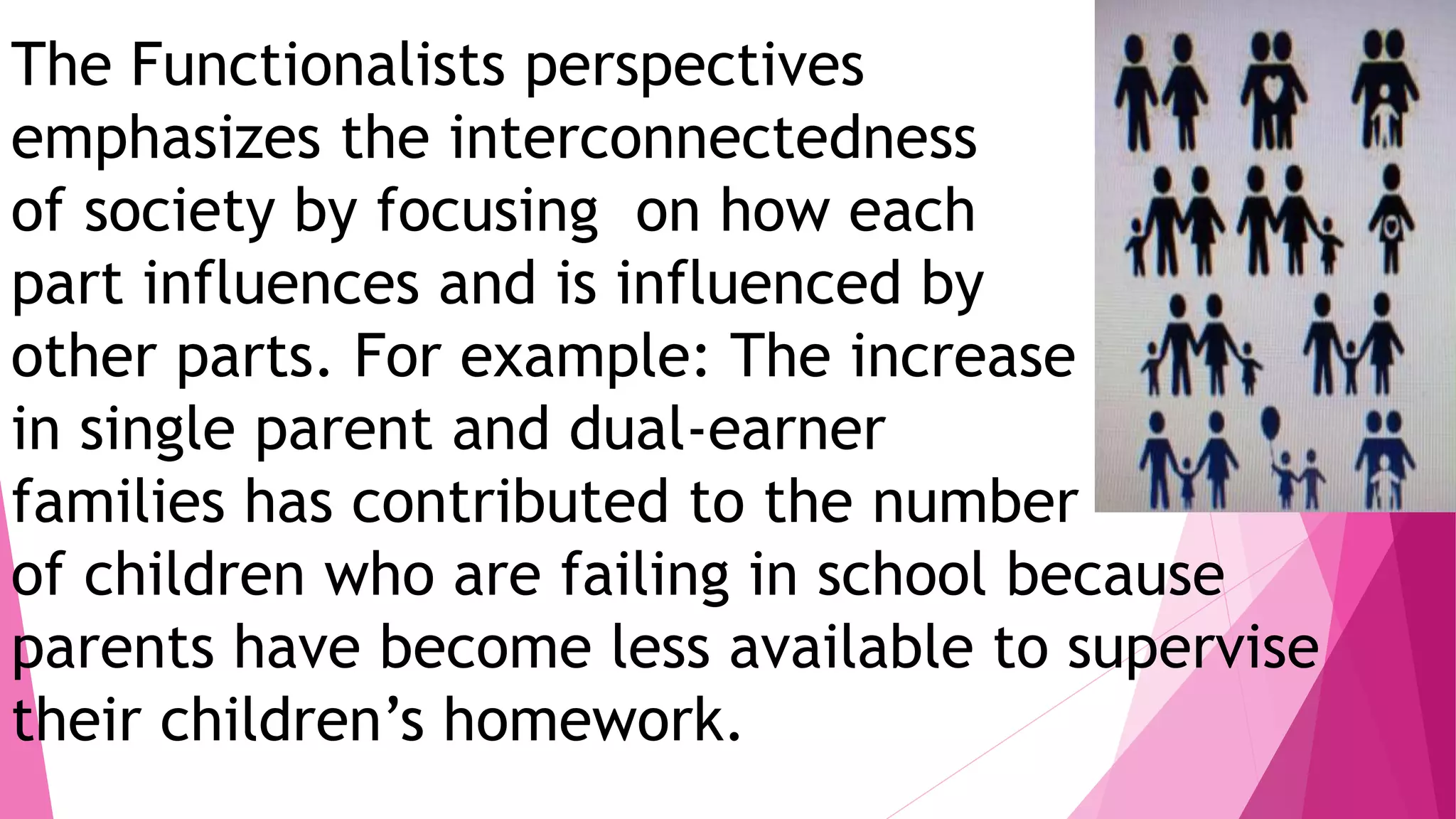 The Functionalists perspectives
emphasizes the interconnectedness
of society by focusing on how each
part influences and is influenced by
other parts. For example: The increase
in single parent and dual-earner
families has contributed to the number
of children who are failing in school because
parents have become less available to supervise
their children’s homework.
 
