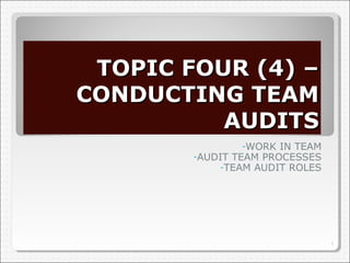 TOPIC FOUR (4) –
CONDUCTING TEAM
AUDITS
-WORK

IN TEAM
-AUDIT TEAM PROCESSES
-TEAM AUDIT ROLES

1

 