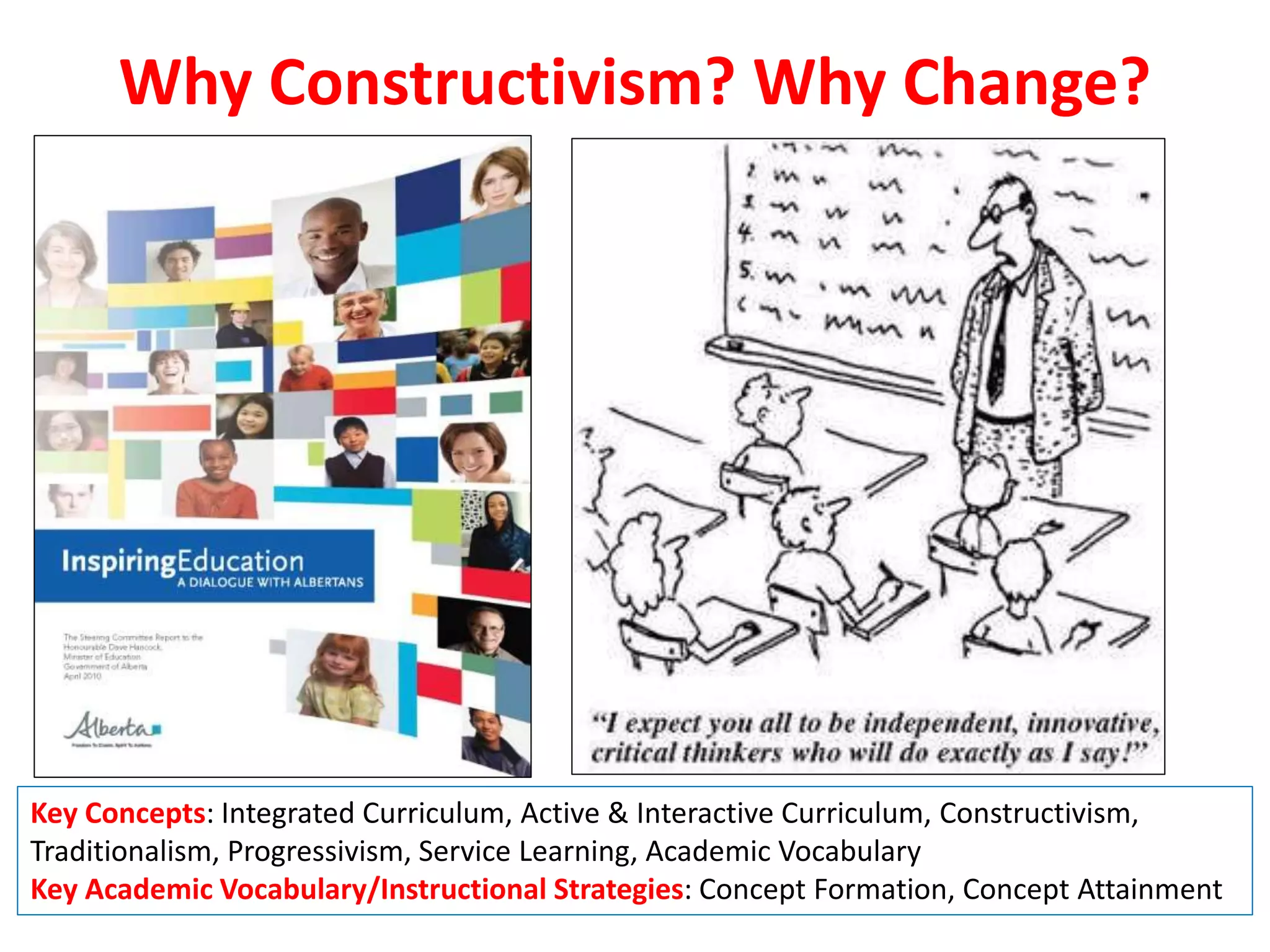 Why Constructivism? Why Change?
Key Concepts: Integrated Curriculum, Active & Interactive Curriculum, Constructivism,
Traditionalism, Progressivism, Service Learning, Academic Vocabulary
Key Academic Vocabulary/Instructional Strategies: Concept Formation, Concept Attainment
 