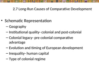 2.7 Long-Run Causes of Comparative Development
• Schematic Representation
– Geography
– Institutional quality- colonial and post-colonial
– Colonial legacy- pre colonial comparative
advantage
– Evolution and timing of European development
– Inequality- human capital
– Type of colonial regime
 