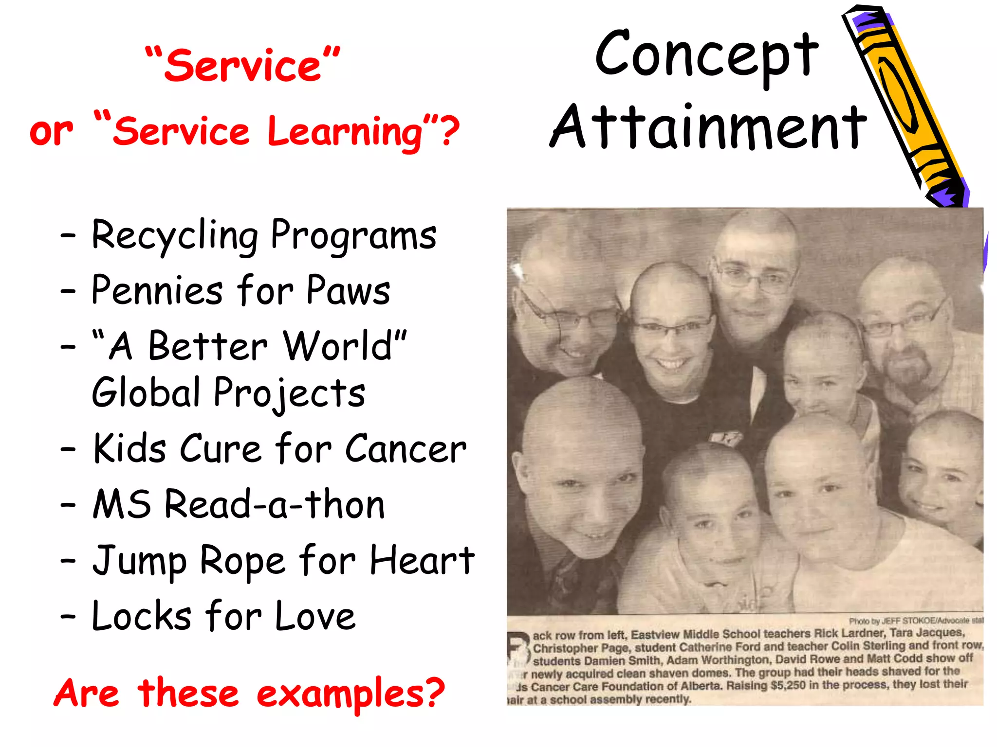 “Service”
or “Service Learning”?
– Recycling Programs
– Pennies for Paws
– “A Better World”
Global Projects
– Kids Cure for Cancer
– MS Read-a-thon
– Jump Rope for Heart
– Locks for Love
Are these examples?
Concept
Attainment
 
