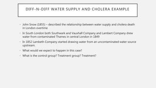DIFF-N-DIFF WATER SUPPLY AND CHOLERA EXAMPLE
• John Snow (1855) – described the relationship between water supply and cholera death
in London overtime
• In South London both Southwark and Vauxhall Company and Lambert Company drew
water from contaminated Thames in central London in 1849
• In 1852 Lambeth Company started drawing water from an uncontaminated water source
upstream.
• What would we expect to happen in this case?
• What is the control group? Treatment group? Treatment?
 