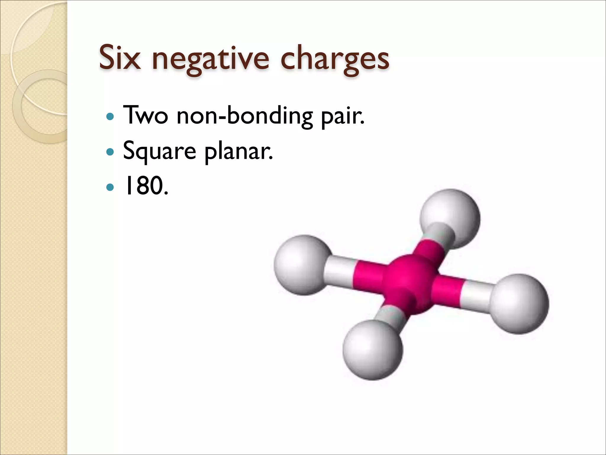 Six negative charges
• Two non-bonding pair.	

• Square planar.	

• 180.
 