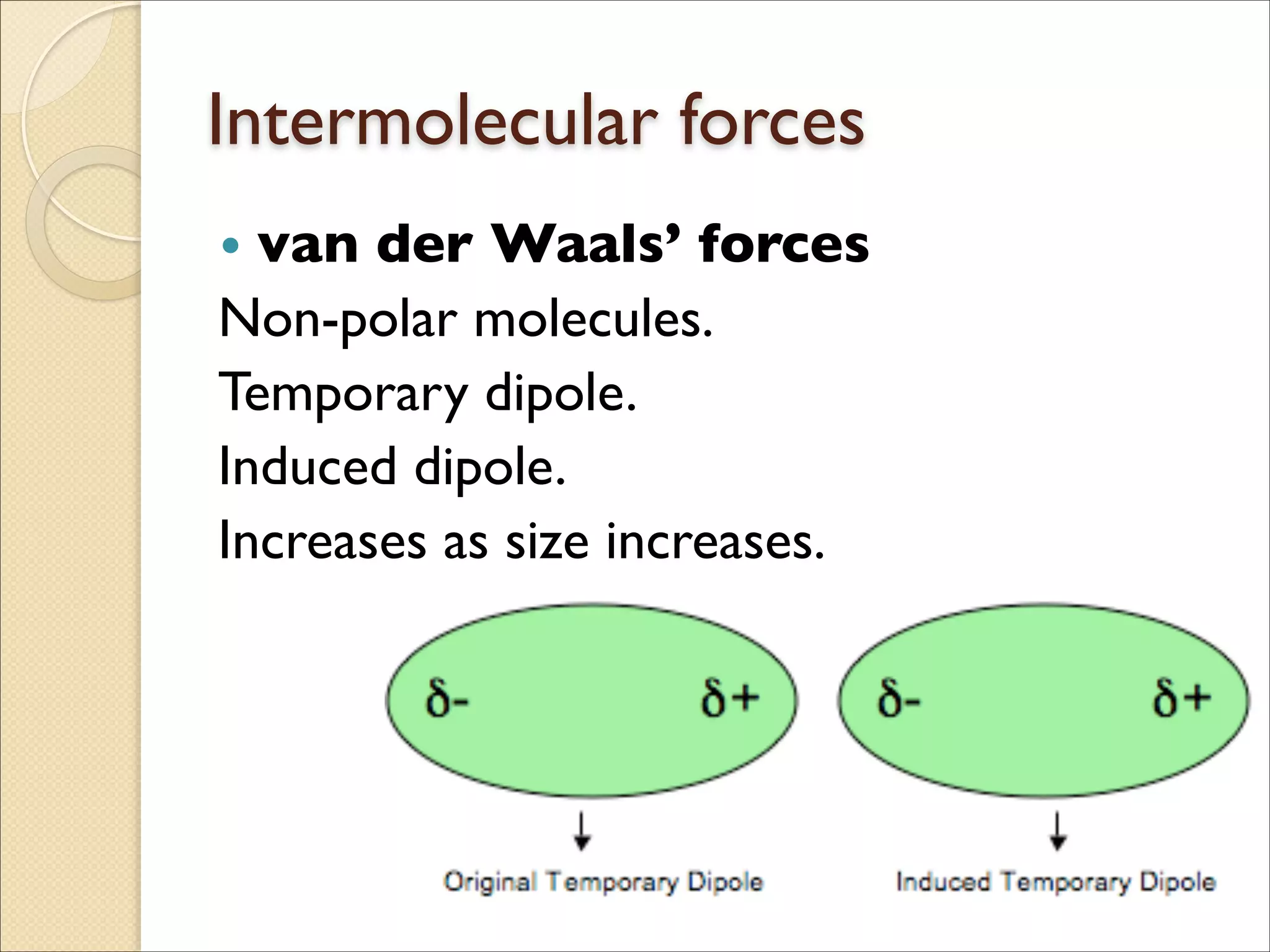 Intermolecular forces
• van der Waals’ forces	

Non-polar molecules.	

Temporary dipole.	

Induced dipole.	

Increases as size increases.
 