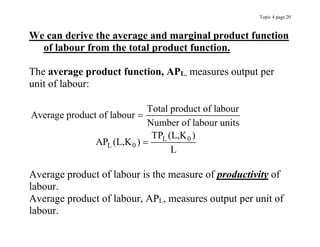 Topic 4 page 20
We can derive the average and marginal product function
of labour from the total product function.
The average product function, APL, measures output per
unit of labour:
L 0
L 0
Total product of labour
Average product of labour
Number of labour units
TP (L,K )
AP (L,K )
L


Average product of labour is the measure of productivity of
labour.
Average product of labour, APL, measures output per unit of
labour.
 