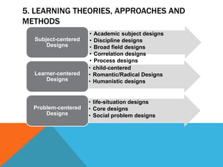 5. LEARNING THEORIES, APPROACHES AND
METHODS
• Academic subject designs
• Discipline designs
• Broad field designs
• Correlation designs
• Process designs
Subject-centered
Designs
• child-centered
• Romantic/Radical Designs
• Humanistic designs
Learner-centered
Designs
• life-situation designs
• Core designs
• Social problem designs
Problem-centered
Designs
 