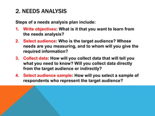 2. NEEDS ANALYSIS
Steps of a needs analysis plan include:
1. Write objectives: What is it that you want to learn from
the needs analysis?
2. Select audience: Who is the target audience? Whose
needs are you measuring, and to whom will you give the
required information?
3. Collect data: How will you collect data that will tell you
what you need to know? Will you collect data directly
from the target audience or indirectly?
4. Select audience sample: How will you select a sample of
respondents who represent the target audience?
 