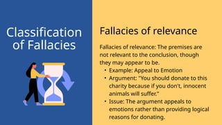 Fallacies of relevance: The premises are
not relevant to the conclusion, though
they may appear to be.
• Example: Appeal to Emotion
• Argument: "You should donate to this
charity because if you don't, innocent
animals will suffer."
• Issue: The argument appeals to
emotions rather than providing logical
reasons for donating.
Fallacies of relevance
Classification
of Fallacies
 