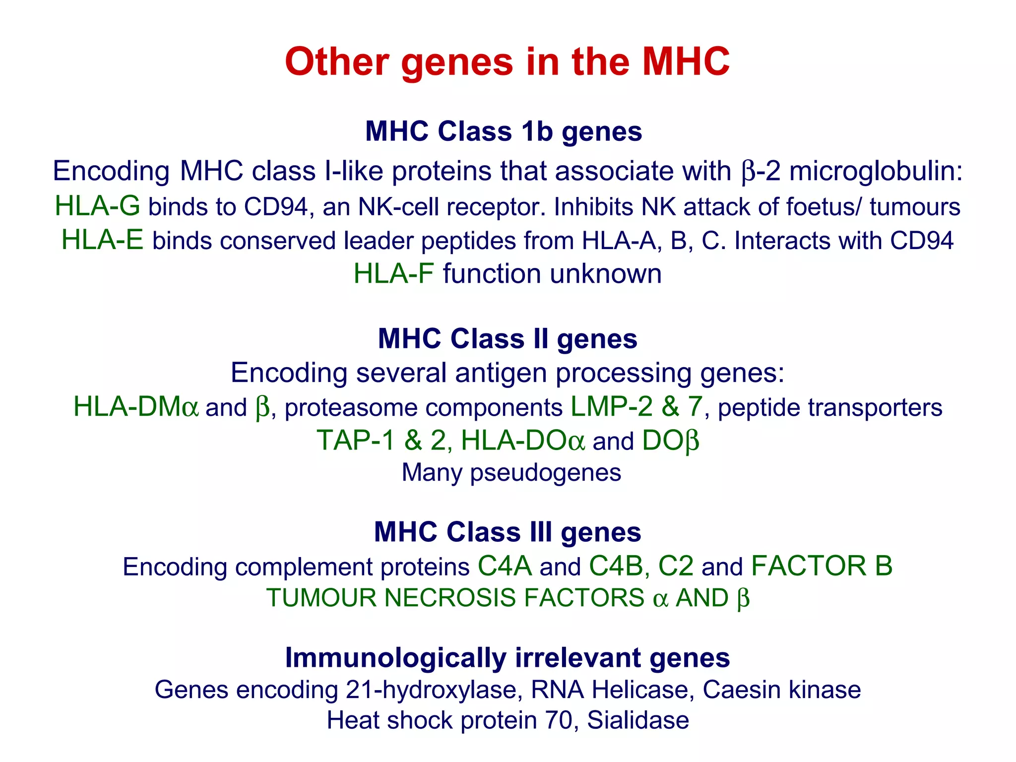 Other genes in the MHC
MHC Class 1b genes
Encoding MHC class I-like proteins that associate with β-2 microglobulin:
HLA-G binds to CD94, an NK-cell receptor. Inhibits NK attack of foetus/ tumours
HLA-E binds conserved leader peptides from HLA-A, B, C. Interacts with CD94
HLA-F function unknown
MHC Class II genes
Encoding several antigen processing genes:
HLA-DMα and β, proteasome components LMP-2 & 7, peptide transporters
TAP-1 & 2, HLA-DOα and DOβ
Many pseudogenes

MHC Class III genes
Encoding complement proteins C4A and C4B, C2 and FACTOR B
TUMOUR NECROSIS FACTORS α AND β

Immunologically irrelevant genes
Genes encoding 21-hydroxylase, RNA Helicase, Caesin kinase
Heat shock protein 70, Sialidase

 