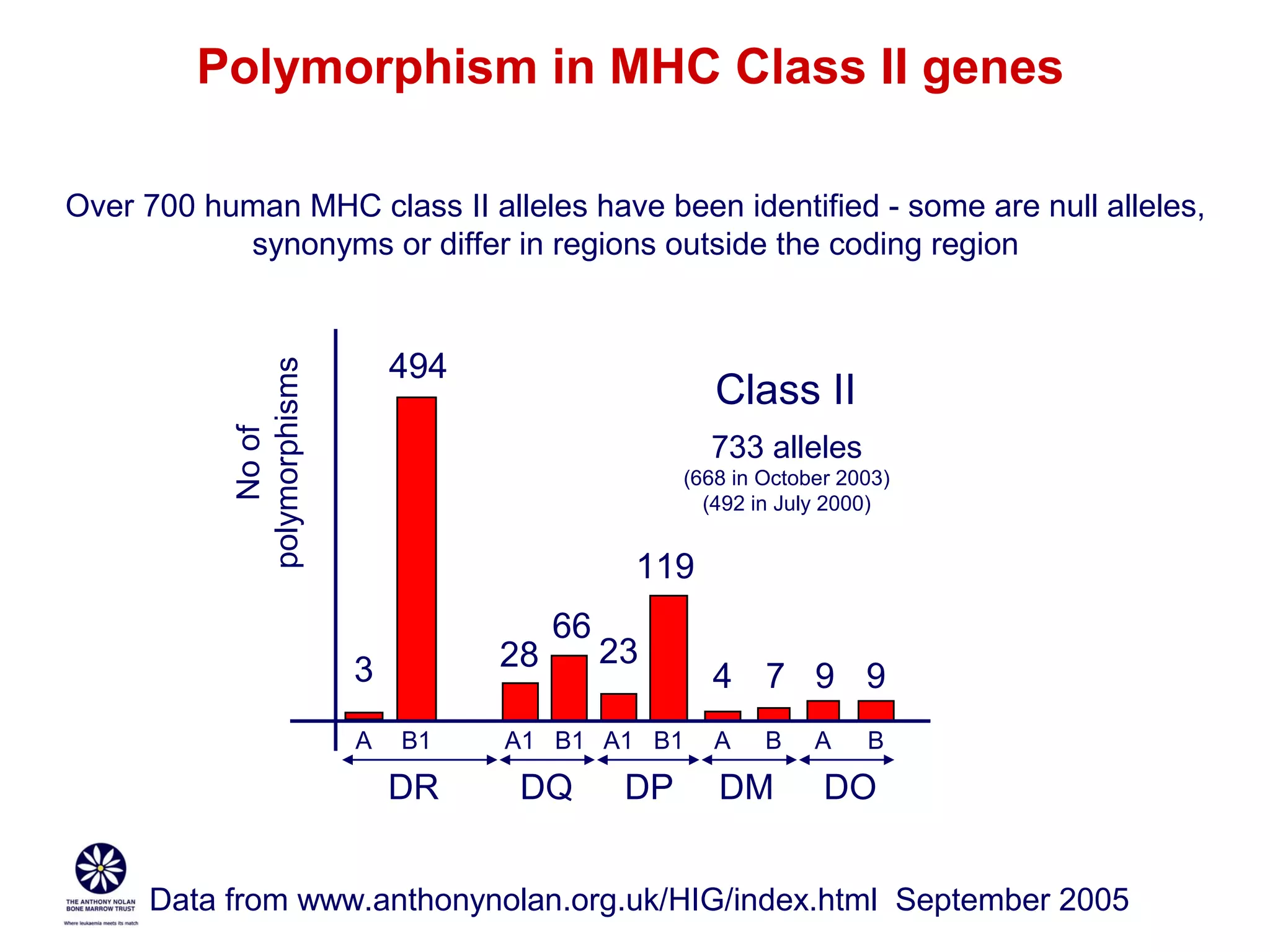 Polymorphism in MHC Class II genes
Over 700 human MHC class II alleles have been identified - some are null alleles,
synonyms or differ in regions outside the coding region

No of
polymorphisms

494

Class II
733 alleles
(668 in October 2003)
(492 in July 2000)

119
28

3
A

B1

DR

66

23

A1 B1 A1 B1

DQ

DP

4 7 9 9
A

B

DM

A

B

DO

Data from www.anthonynolan.org.uk/HIG/index.html September 2005

 