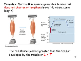 Isometric Contraction: muscle generates tension but
does not shorten or lengthen (isometric means same
length)
The resistance (load) is greater than the tension
developed by the muscle or L > T
10
 