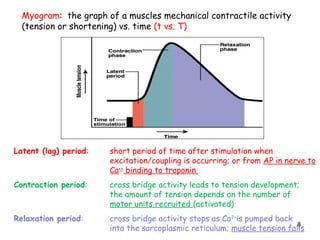 Latent (lag) period: short period of time after stimulation when
excitation/coupling is occurring; or from AP in nerve to
Ca++
binding to troponin
Contraction period: cross bridge activity leads to tension development;
the amount of tension depends on the number of
motor units recruited (activated)
Relaxation period: cross bridge activity stops as Ca2+
is pumped back
into the sarcoplasmic reticulum; muscle tension falls
Myogram: the graph of a muscles mechanical contractile activity
(tension or shortening) vs. time (t vs. T)
8
 