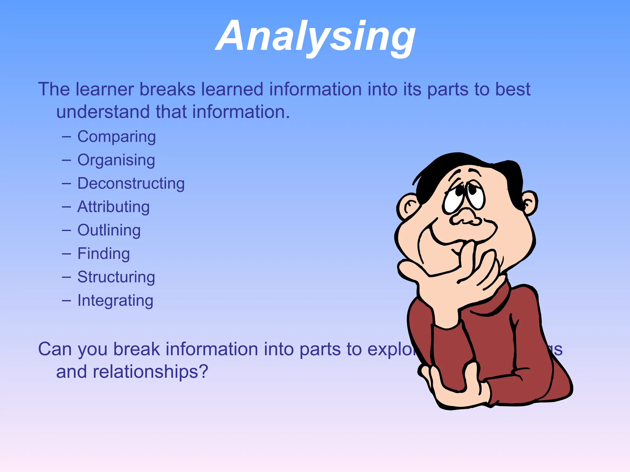 Analysing
The learner breaks learned information into its parts to best
understand that information.
– Comparing
– Organising
– Deconstructing
– Attributing
– Outlining
– Finding
– Structuring
– Integrating
Can you break information into parts to explore understandings
and relationships?
 