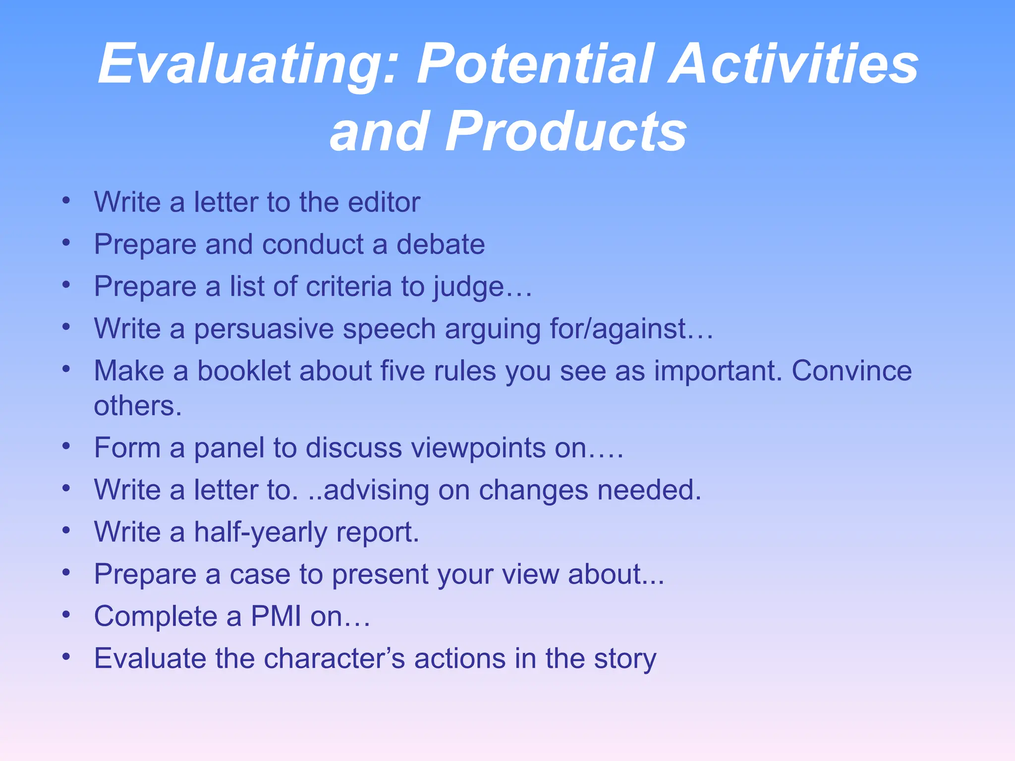 Evaluating: Potential Activities
and Products
• Write a letter to the editor
• Prepare and conduct a debate
• Prepare a list of criteria to judge…
• Write a persuasive speech arguing for/against…
• Make a booklet about five rules you see as important. Convince
others.
• Form a panel to discuss viewpoints on….
• Write a letter to. ..advising on changes needed.
• Write a half-yearly report.
• Prepare a case to present your view about...
• Complete a PMI on…
• Evaluate the character’s actions in the story
 