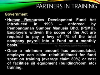 PARTNERS IN TRAINING
Government
• Human Resources Development Fund Act
introduced in 1993 – enforced by
Pembangunan Sumber Manusia Bhd. (PSMB).
Employers withwin the scope of the Act are
required to pay a levy of 1% of the total
company payroll into a Fund on a monthly
basis.
• Once a minimum amount has accumulated,
employer can claim reimbursement for fund
spent on training (average claim 80%) or cost
of facilities @ equipment (building/room etc)
training.
Akta Sumber Dana Pembangunan Manusia
dikehendaki membayar levi sebanyak 1% daripada jumlah gaji syarikat itu ke dalam Kumpulan Wang yang pada setiap bulan
levy = the sum of money payable to the authorities as tax
pembayaran balik
 