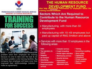 SMEs – small & medium sized enterprises
problem send their employee for training
because no one to take over the task & do
not have suitable o site training facilities. Big
company fear employee will leave once they
improved their skill/knowledge (solution –
make an agreement)
Also help disseminate information to employers about the
training courses available
menyebarkan
 