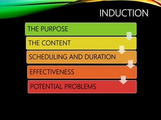 INDUCTION
THE PURPOSE
THE CONTENT
SCHEDULING AND DURATION
EFFECTIVENESS
POTENTIAL PROBLEMS
 