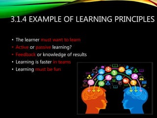 3.1.4 EXAMPLE OF LEARNING PRINCIPLES
• The learner must want to learn
• Active or passive learning?
• Feedback or knowledge of results
• Learning is faster in teams
• Learning must be fun
 