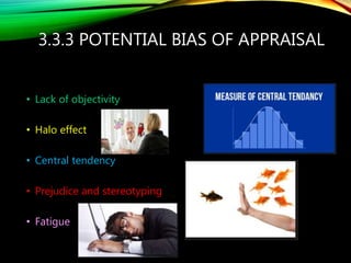 3.3.3 POTENTIAL BIAS OF APPRAISAL
• Lack of objectivity
• Halo effect
• Central tendency
• Prejudice and stereotyping
• Fatigue
 