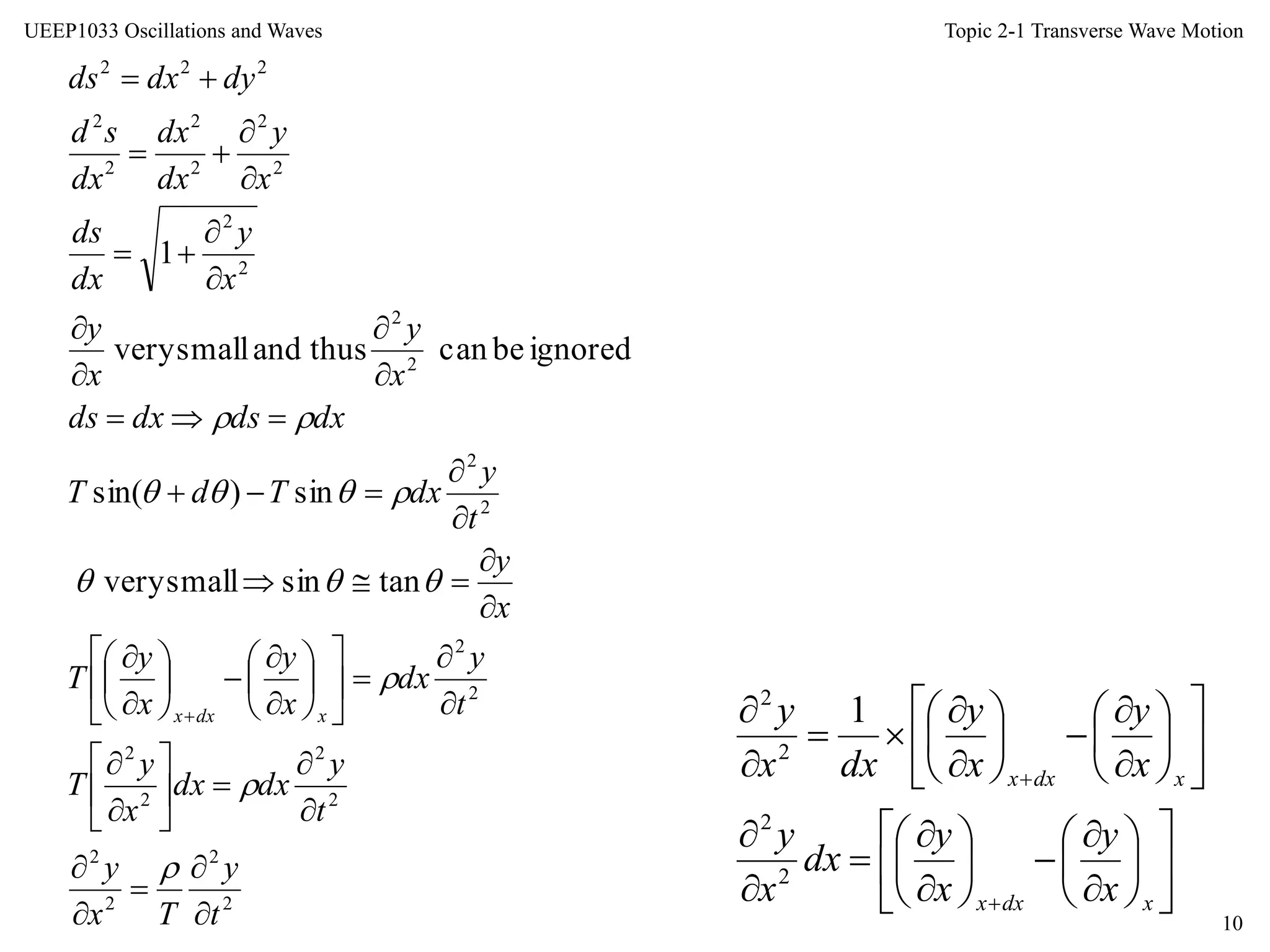 Topic 2-1 Transverse Wave Motion
10
UEEP1033 Oscillations and Waves
2
2
2
2
2
2
2
2
2
2
2
2
2
2
2
2
2
2
2
2
2
2
222
tansinsmallvery
sin)sin(
ignoredbecanthusandsmallvery
1
t
y
Tx
y
t
y
dxdx
x
y
T
t
y
dx
x
y
x
y
T
x
y
t
y
dxTdT
dxdsdxds
x
y
x
y
x
y
dx
ds
x
y
dx
dx
dx
sd
dydxds
xdxx




















































































































xdxx
xdxx
x
y
x
y
dx
x
y
x
y
x
y
dxx
y
2
2
2
2
1
 