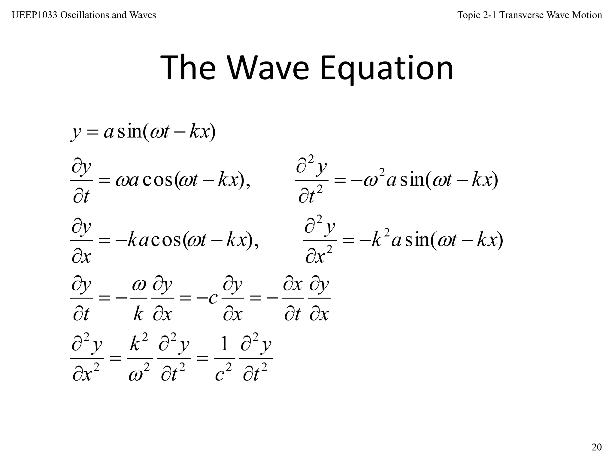 Topic 2-1 Transverse Wave Motion
20
UEEP1033 Oscillations and Waves
The Wave Equation
2
2
22
2
2
2
2
2
2
2
2
2
2
2
1
)sin(),cos(
)sin(),cos(
)sin(
t
y
ct
yk
x
y
x
y
t
x
x
y
c
x
y
kt
y
kxtak
x
y
kxtka
x
y
kxta
t
y
kxta
t
y
kxtay







































 