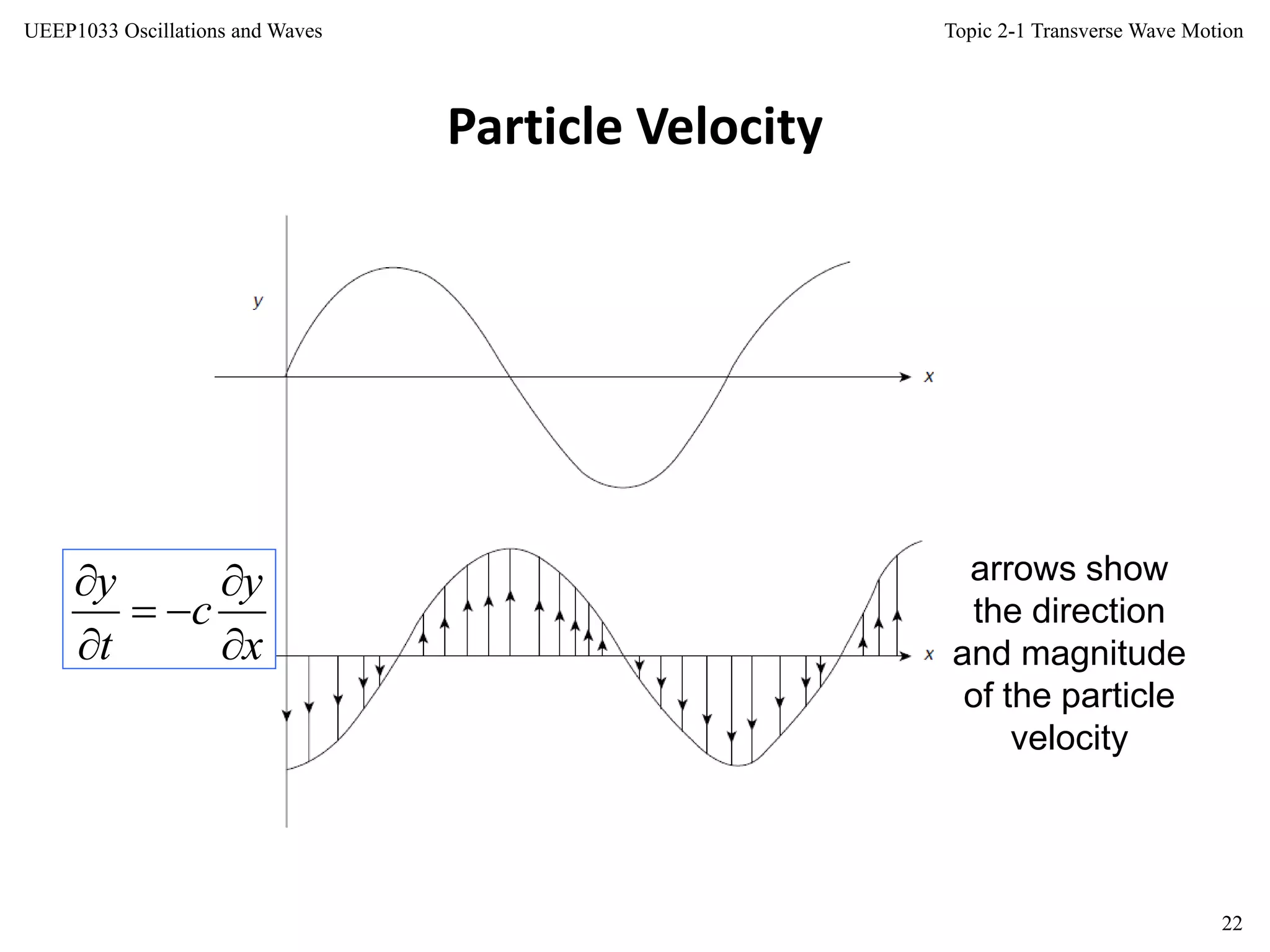 Topic 2-1 Transverse Wave Motion
22
UEEP1033 Oscillations and Waves
Particle Velocity
arrows show
the direction
and magnitude
of the particle
velocity
x
y
c
t
y





 