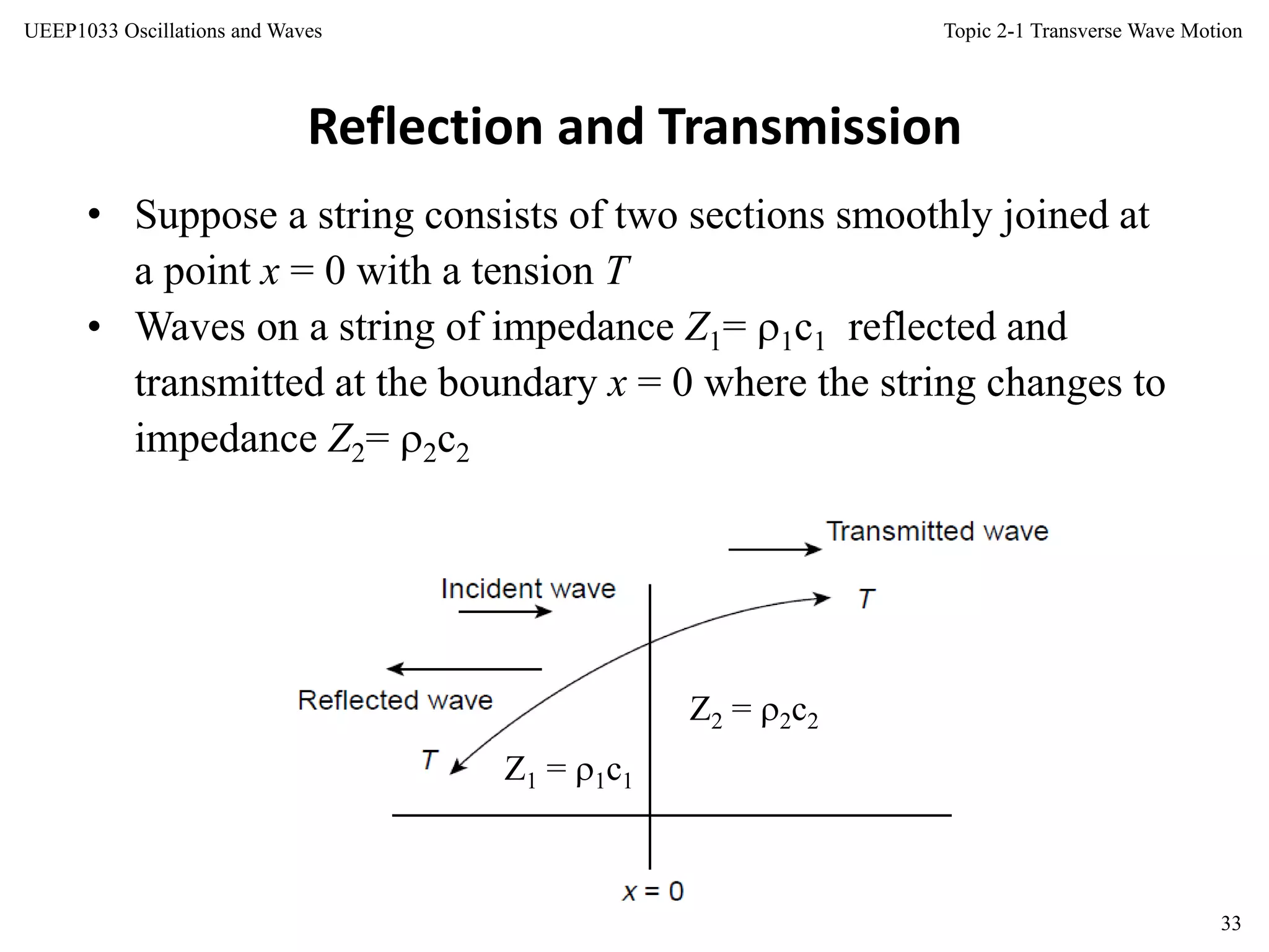 Topic 2-1 Transverse Wave Motion
33
UEEP1033 Oscillations and Waves
Z1 = 1c1
Z2 = 2c2
Reflection and Transmission
• Suppose a string consists of two sections smoothly joined at
a point x = 0 with a tension T
• Waves on a string of impedance Z1= 1c1 reflected and
transmitted at the boundary x = 0 where the string changes to
impedance Z2= 2c2
 