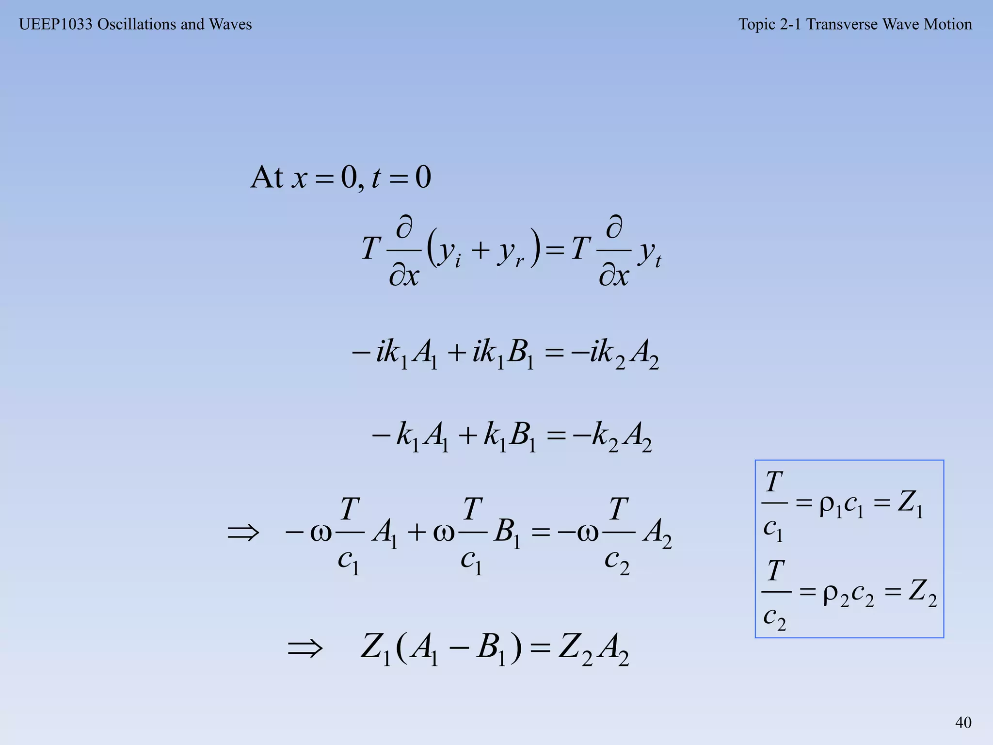 Topic 2-1 Transverse Wave Motion
40
UEEP1033 Oscillations and Waves
  tri y
x
Tyy
x
T
tx





 0,0At
221111 AikBikAik 
2
2
1
1
1
1
A
c
T
B
c
T
A
c
T

221111 AkBkAk 
22111 )( AZBAZ 
222
2
111
1
Zc
c
T
Zc
c
T


 