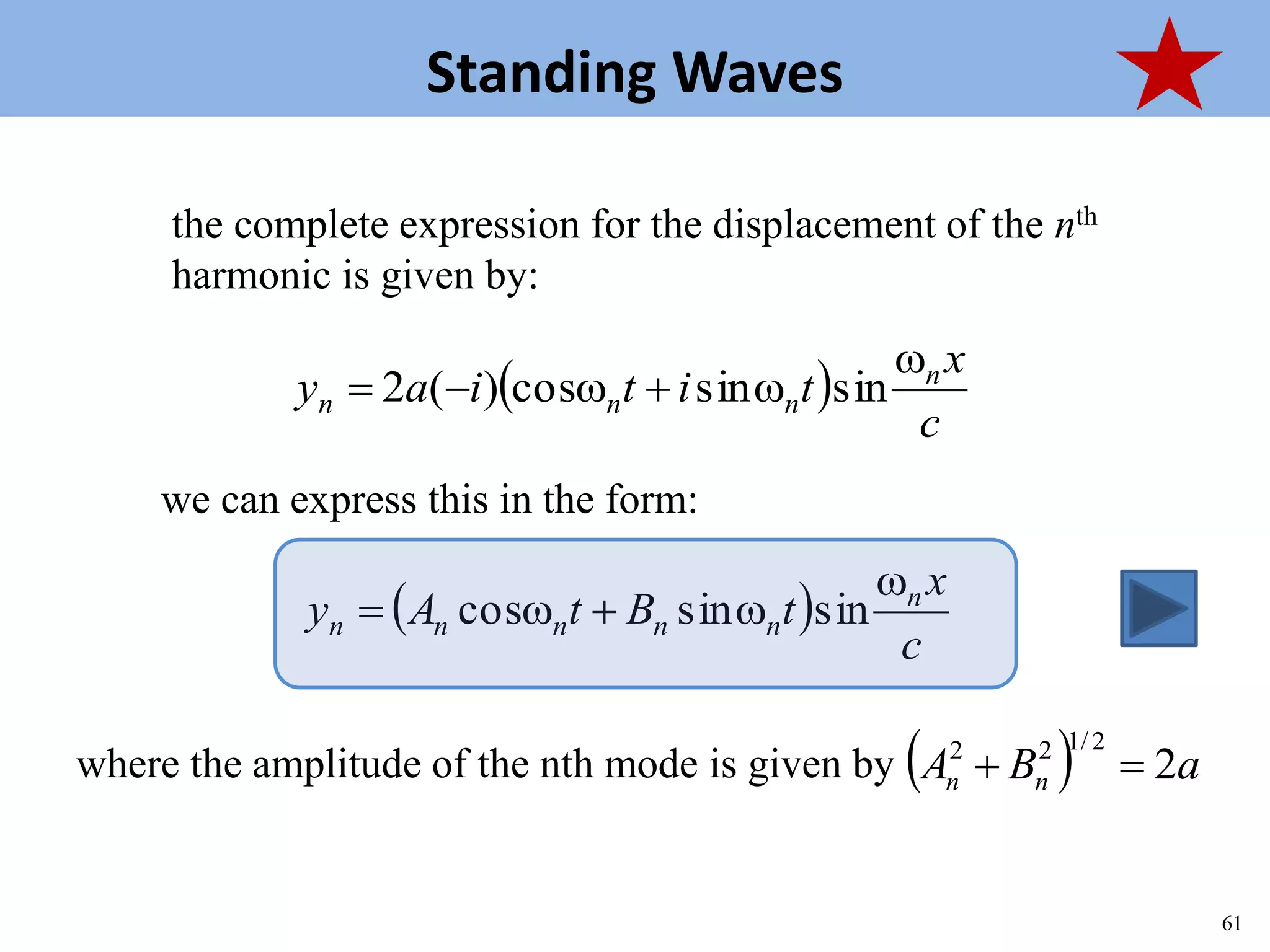 Topic 2-1 Transverse Wave Motion
61
UEEP1033 Oscillations and Waves
Standing Waves
the complete expression for the displacement of the nth
harmonic is given by:
 
c
x
tBtAy n
nnnnn

 sinsincos
 
c
x
titiay n
nnn

 sinsincos)(2
where the amplitude of the nth mode is given by   aBA nn 2
2/122

we can express this in the form:
 