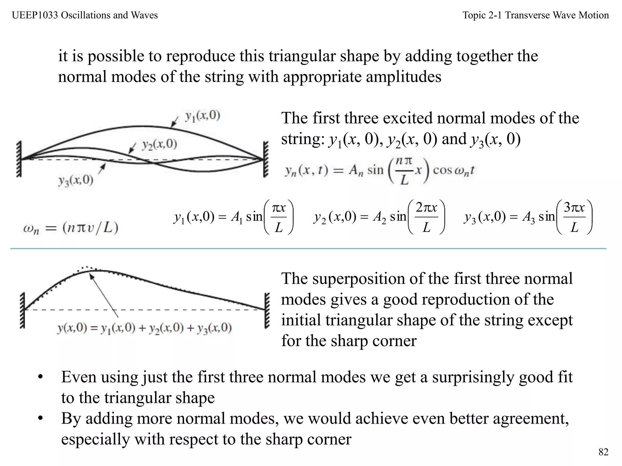 Topic 2-1 Transverse Wave Motion
82
UEEP1033 Oscillations and Waves
it is possible to reproduce this triangular shape by adding together the
normal modes of the string with appropriate amplitudes
The first three excited normal modes of the
string: y1(x, 0), y2(x, 0) and y3(x, 0)





 

L
x
Axy sin)0,( 11 




 

L
x
Axy
2
sin)0,( 22 




 

L
x
Axy
3
sin)0,( 33
• Even using just the first three normal modes we get a surprisingly good fit
to the triangular shape
• By adding more normal modes, we would achieve even better agreement,
especially with respect to the sharp corner
The superposition of the first three normal
modes gives a good reproduction of the
initial triangular shape of the string except
for the sharp corner
 