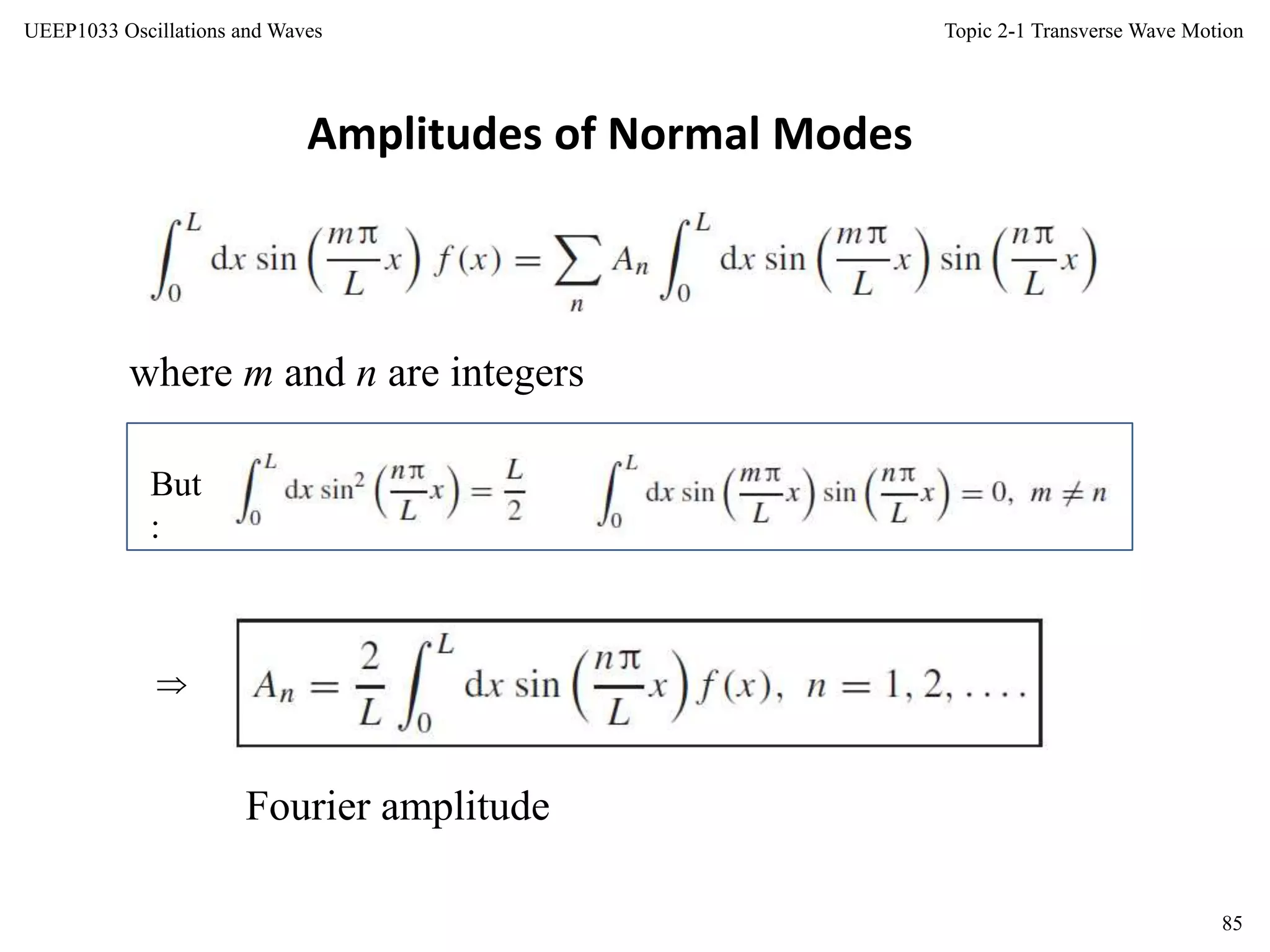 Topic 2-1 Transverse Wave Motion
85
UEEP1033 Oscillations and Waves
Amplitudes of Normal Modes
where m and n are integers
But
:

Fourier amplitude
 