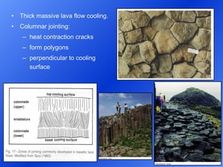 Thick massive lava flow cooling. Columnar jointing: heat contraction cracks form polygons perpendicular to cooling surface 