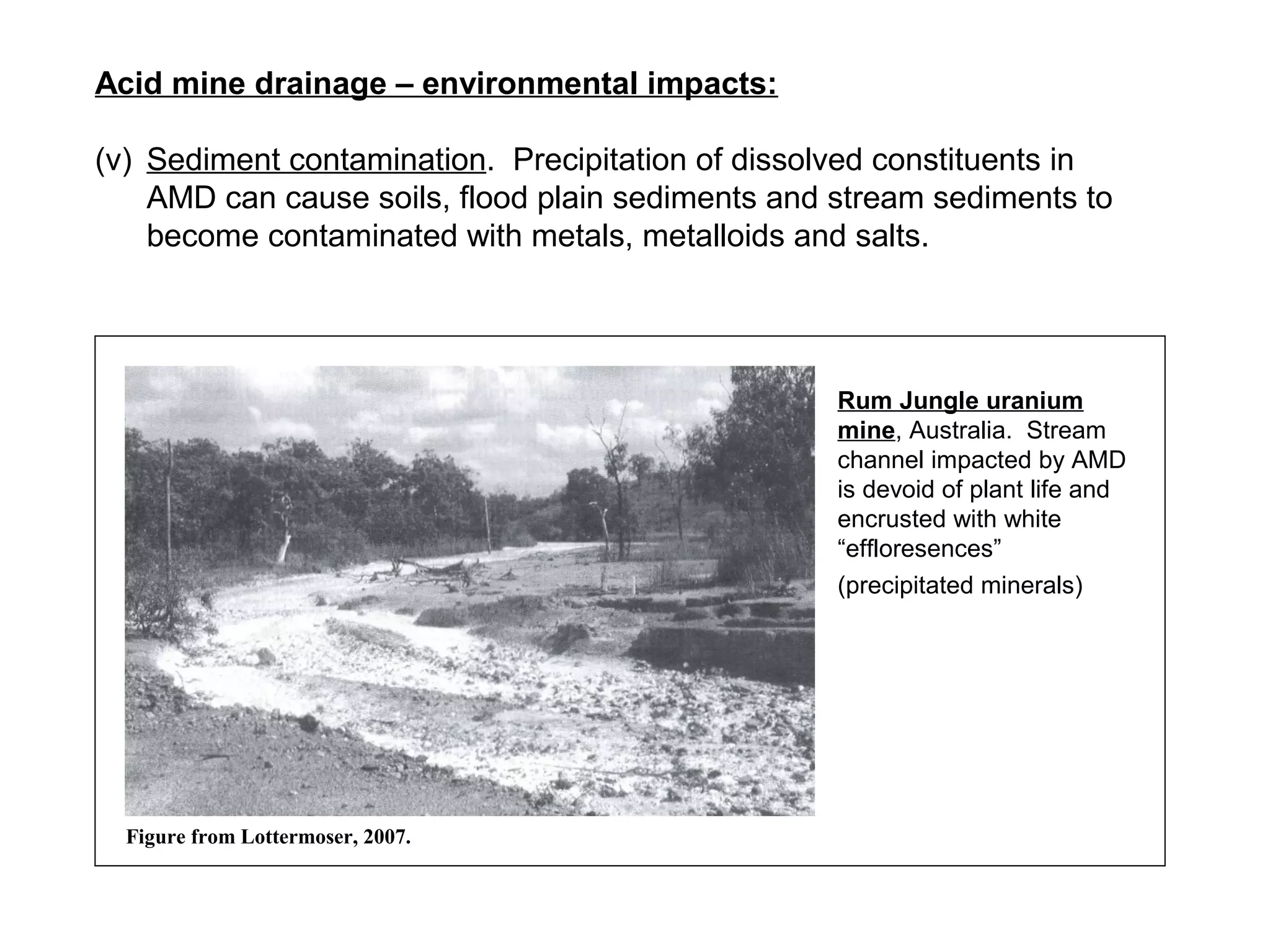 Acid mine drainage – environmental impacts:

(v) Sediment contamination. Precipitation of dissolved constituents in
    AMD can cause soils, flood plain sediments and stream sediments to
    become contaminated with metals, metalloids and salts.




                                                   Rum Jungle uranium
                                                   mine, Australia. Stream
                                                   channel impacted by AMD
                                                   is devoid of plant life and
                                                   encrusted with white
                                                   “effloresences”
                                                   (precipitated minerals)




  Figure from Lottermoser, 2007.
 