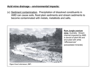 Acid mine drainage – environmental impacts:

(v) Sediment contamination. Precipitation of dissolved constituents in
    AM...