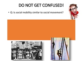 DO NOT GET CONFUSED! 
• Q: Is social mobility similar to social movement? 
• A: Social mobility is NOT similar to social movement. 
•Social movement is a sustained, organised collective effort 
that focuses on some aspect of social change. For example, 
they promote racial justice or advocate a particular belief. 
 