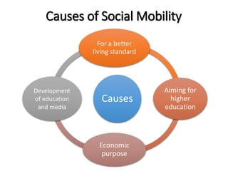 Causes of Social Mobility 
For a better 
living standard 
Causes 
Aiming for 
higher 
education 
Economic 
purpose 
Development 
of education 
and media 
 