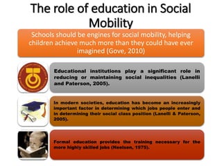 The role of education in Social 
Mobility 
Schools should be engines for social mobility, helping 
children achieve much more than they could have ever 
imagined (Gove, 2010) 
Educational institutions play a significant role in 
reducing or maintaining social inequalities (Lanelli 
and Paterson, 2005). 
In modern societies, education has become an increasingly 
important factor in determining which jobs people enter and 
in determining their social class position (Lanelli & Paterson, 
2005). 
Formal education provides the training necessary for the 
more highly skilled jobs (Neelsen, 1975). 
 