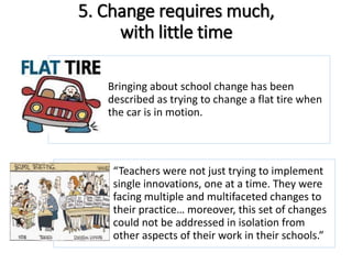 5. Change requires much, 
with little time 
Bringing about school change has been 
described as trying to change a flat tire when 
the car is in motion. 
“Teachers were not just trying to implement 
single innovations, one at a time. They were 
facing multiple and multifaceted changes to 
their practice… moreover, this set of changes 
could not be addressed in isolation from 
other aspects of their work in their schools.” 
 