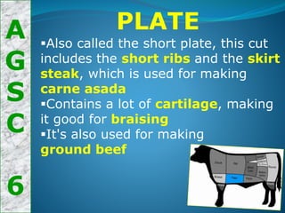 A
G
S
C
6
PLATE
Also called the short plate, this cut
includes the short ribs and the skirt
steak, which is used for making
carne asada
Contains a lot of cartilage, making
it good for braising
It's also used for making
ground beef
 